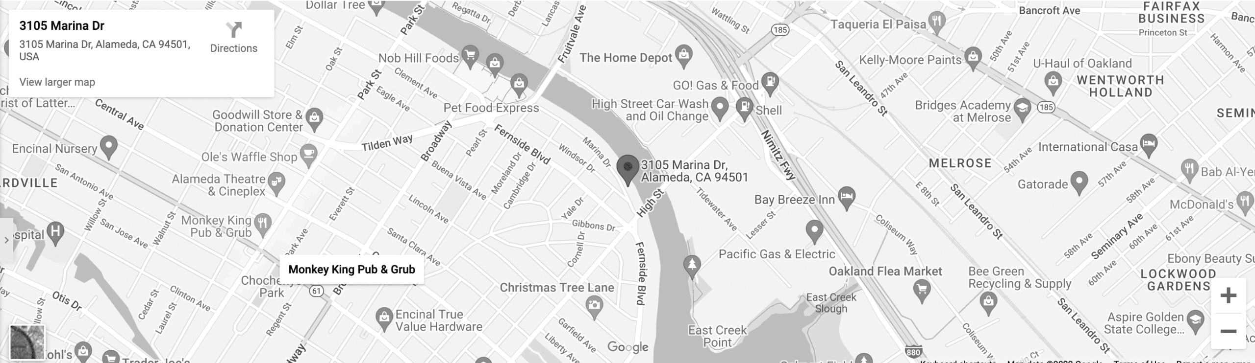 Google Maps showing location of 3105 Marina